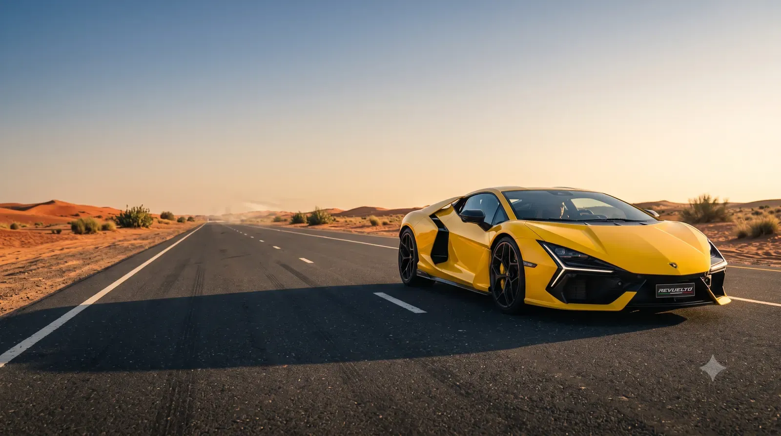 Lamborghini Revuelto on a desert highway outside Dubai at golden hour