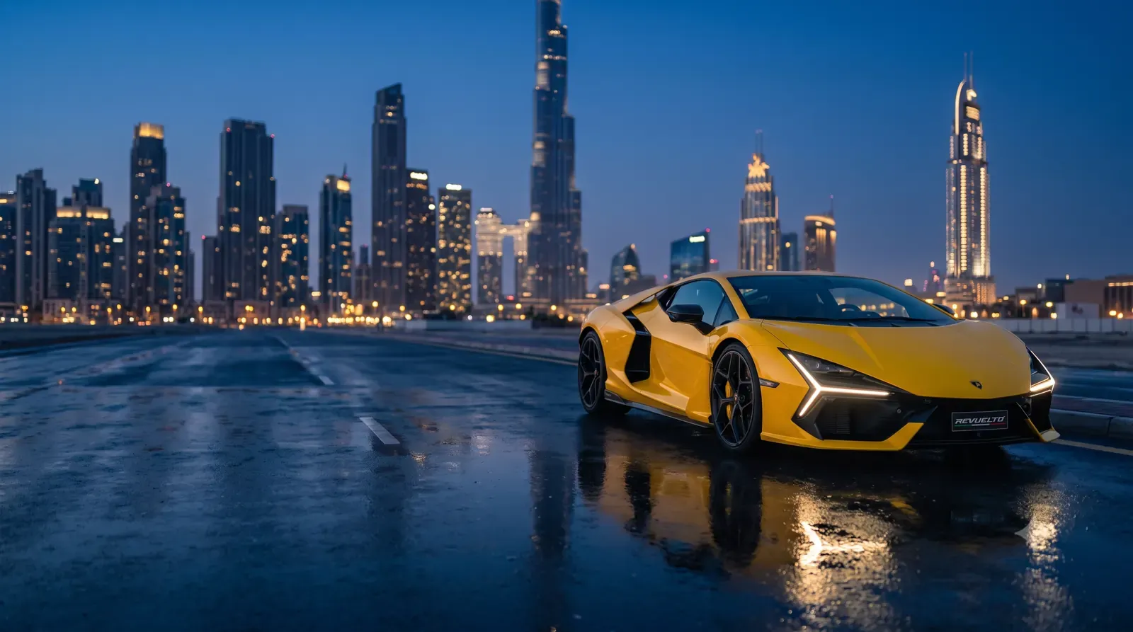 Lamborghini Revuelto in Downtown Dubai at blue hour