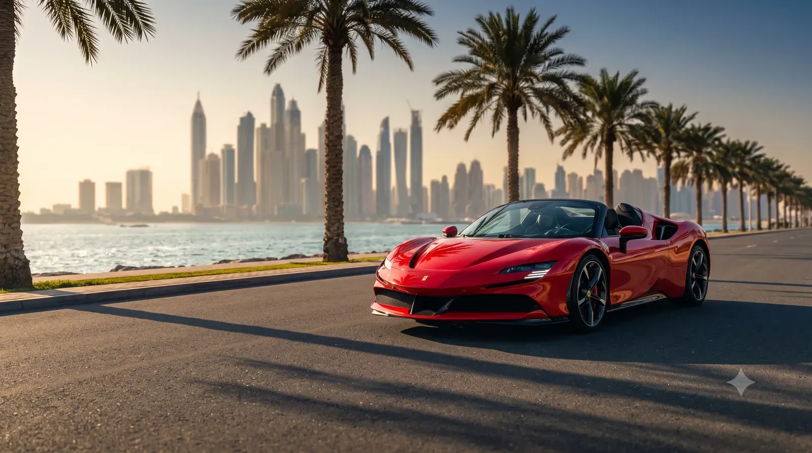 Ferrari SF90 Spider on the Palm Jumeirah coast road