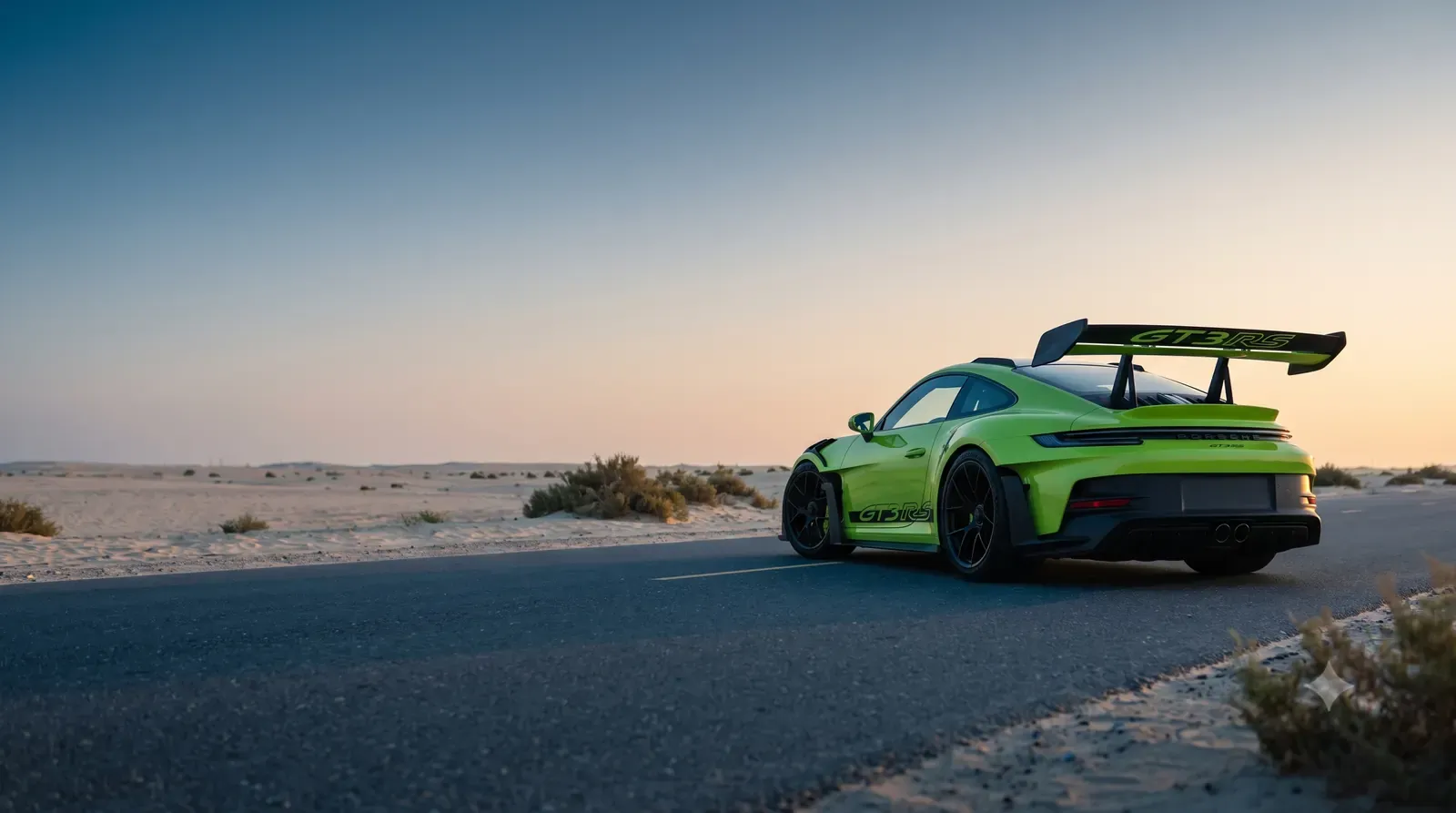 Porsche 911 GT3 RS on the Al Qudra road at sunrise